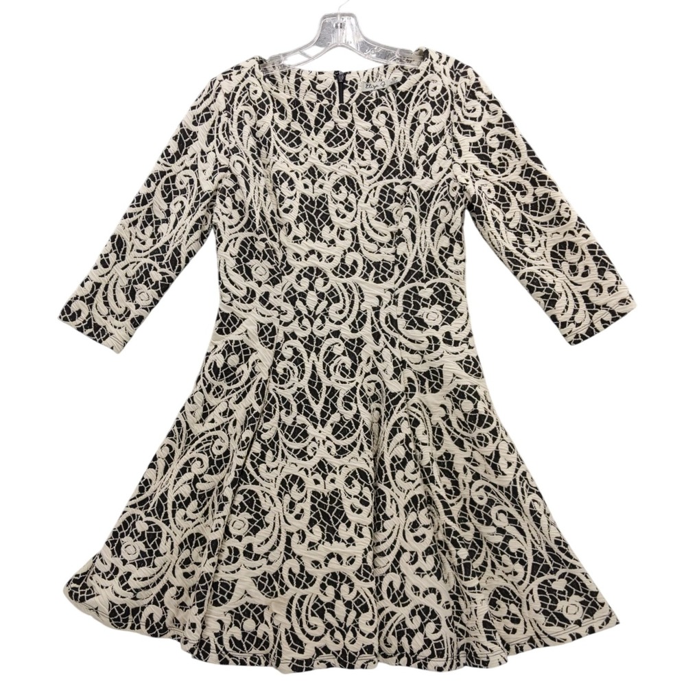 Eliza J Dress Black Beige Lace Pattern Fit &‎ Flare 3/4 Sleeve Women's Petite 10